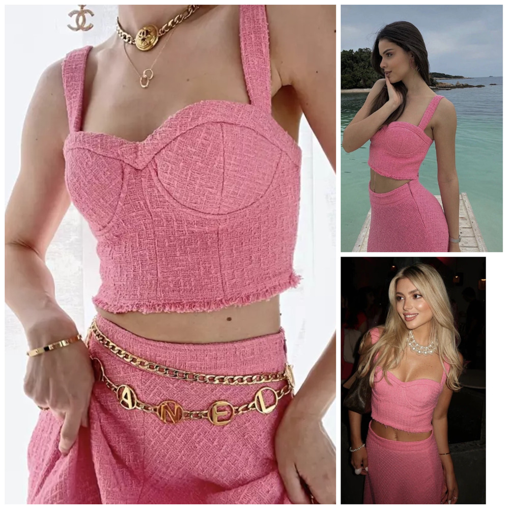 Y2k ZARA BUSTIER Corset Top S Barbie Hot Pink Textured Tweed Frayed New Festival